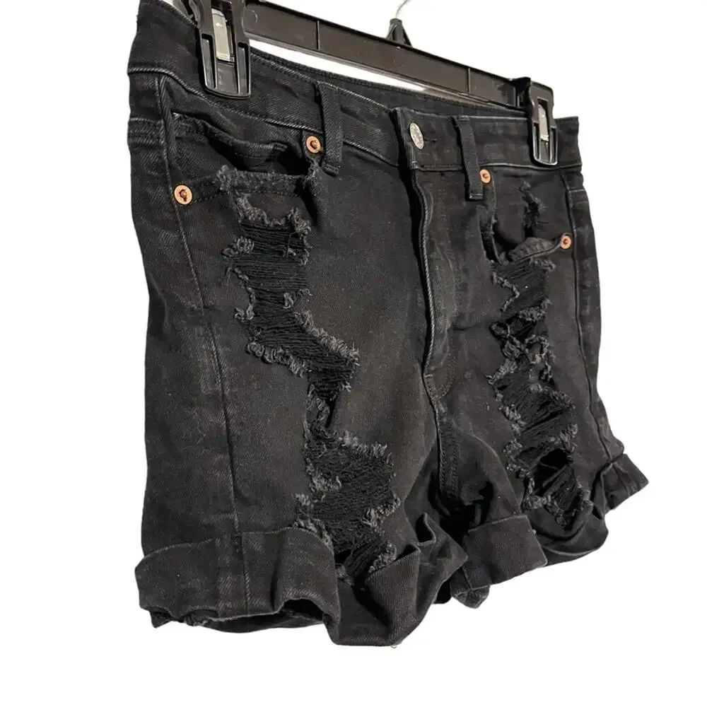 AMERICAN EAGLE MOM SHORTS Solid Black Zip Fly High Rise Roll Cuff Jeans Denim 4